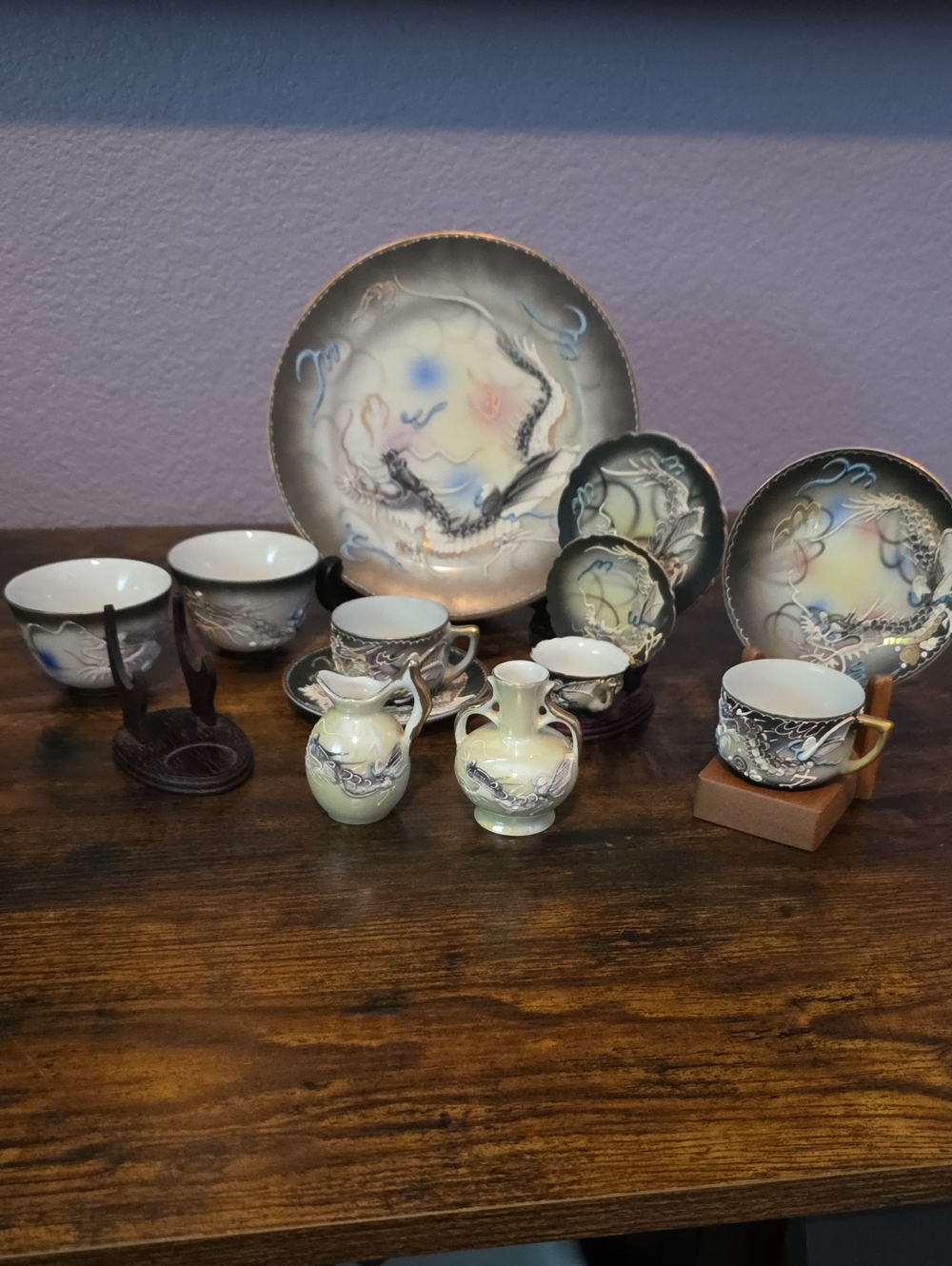 Vintage Japanese Moriage Dragonware Tea Set with Geisha Lithophane Cup –